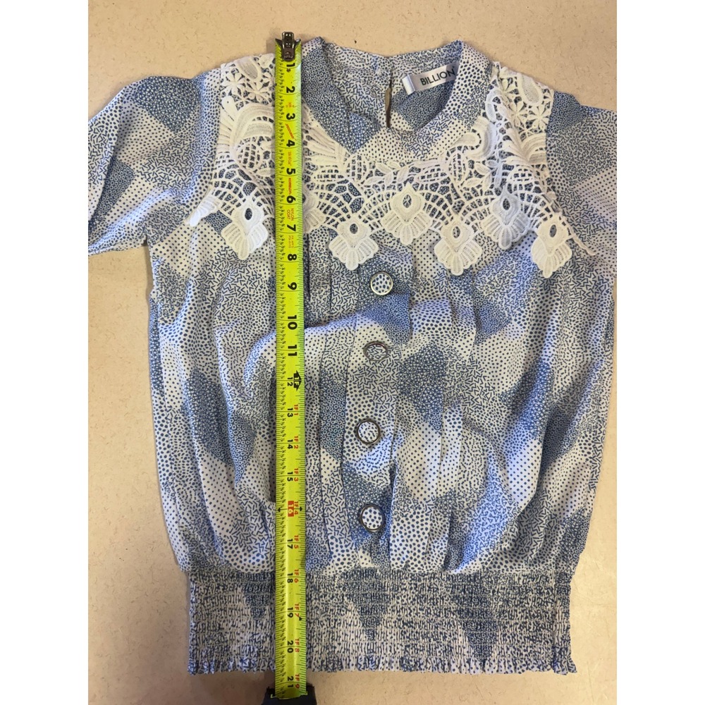 Billion Blue White Geometric Lace Yoke Smocked Blouse Top Vintage Style